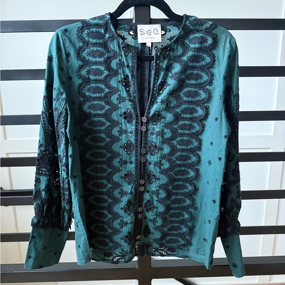 Sea NY Women's Teal Blouse with Black Embroidery